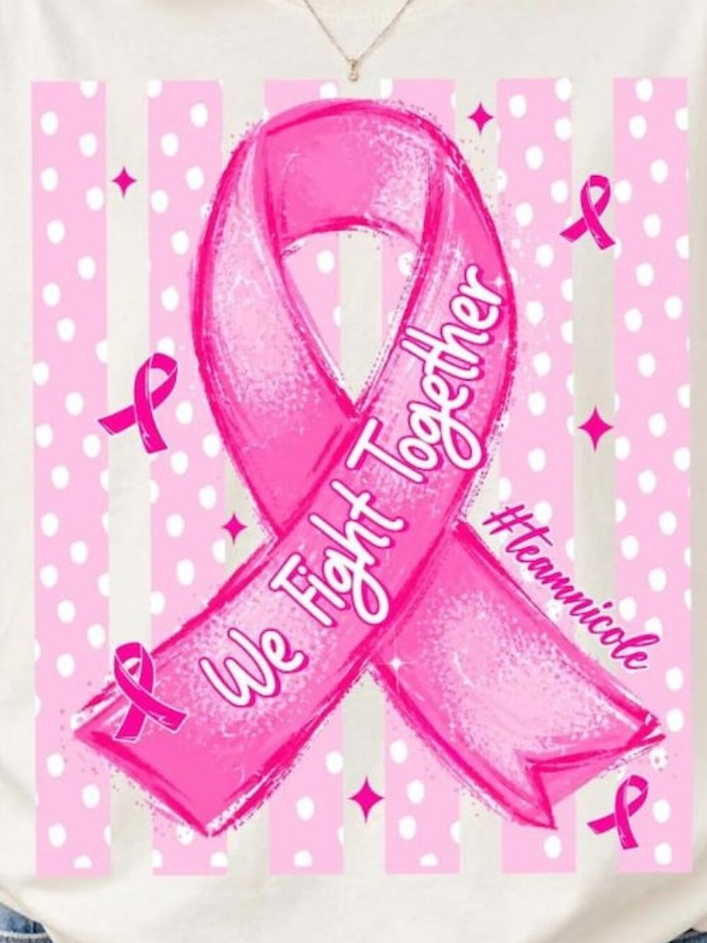 Custom Together We Fight Coquette Breast Cancer Pink Ribbon Polka Tee - Picture 2 of 4
